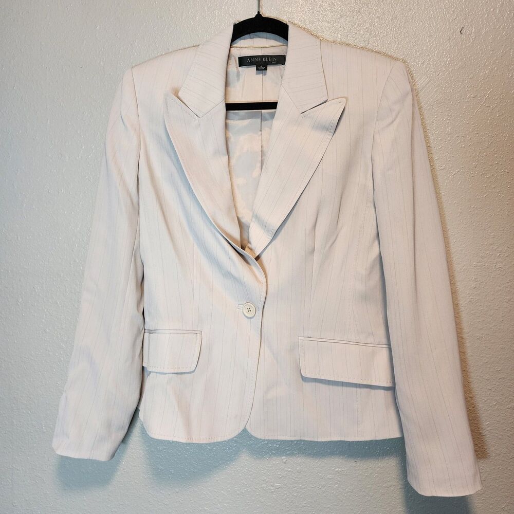 Anne Klein Suit Blazer Womens Size 6 Cream Beige Pinstripe Single Button Jacket